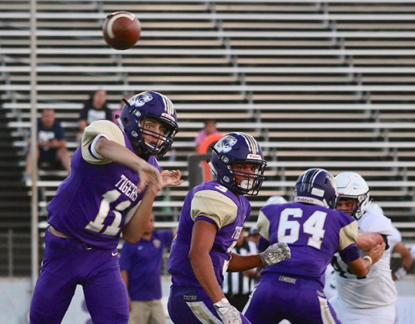 Justin Holaday, pictured here in the Tigers' opener, on Friday night led the Tigers in offense in a loss to Tulare Union. The Tigers take on Redwood Friday night in Visalia.